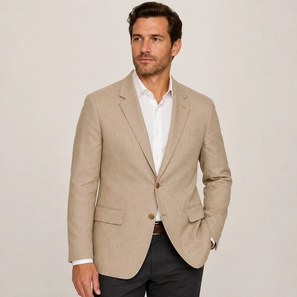 Calvin Klein Blazer Linen Blend Medium 44R Tan Stripe Summer Sport Coat Jacket